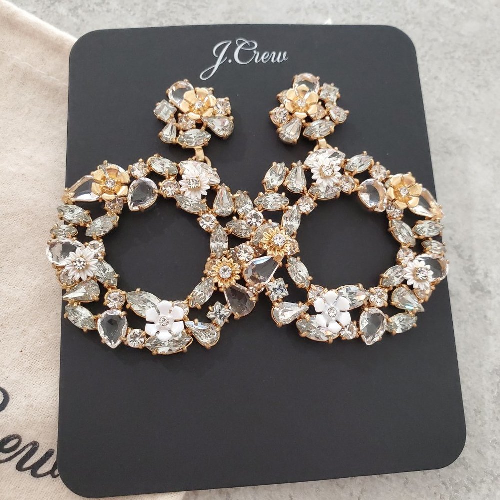 J Crew Floral Hoop Earrings Clear Gold Statement - Picture 4 of 4